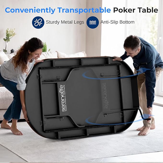 SereneLife 10-Player Oval Foldable Poker Table - Casino Texas Holdem Table with Water-Resistant Cushioned Rail, 10 Cup Holders, Brown Felt Surface, Black Jack Board & Family Games (Dark Brown)