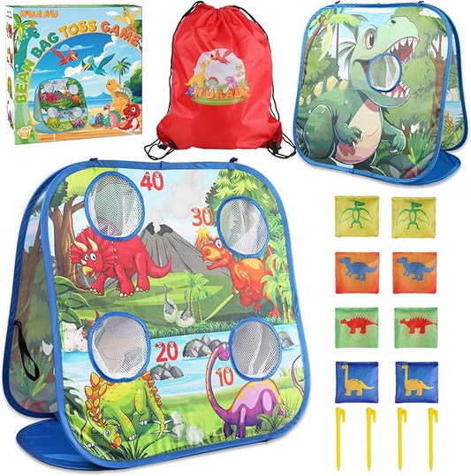 Dinosaur Bean Bag Toss Game for Kids with Carry Bag, 2-in-1 Foldable Toddler Cornhole Board Backyard Beach Lawn Outside Toys, Outdoor Yard Party Activities Toy Gifts for Boys Girls Age 3 4 5 6 7 8