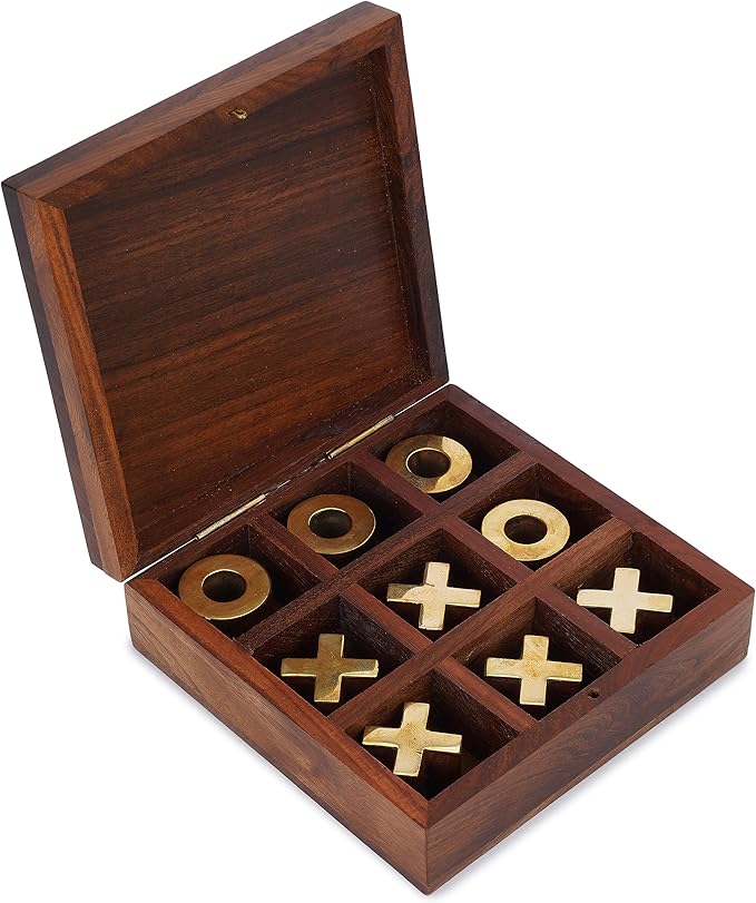 Ajuny Tic Tac Toe Wooden Board with Storage Box – Handcrafted in India with Brass Inlay, Stylish Tabletop Decor, 2 Player Family Toy for Indoor, Outdoor & Travel, Unique Gift Idea