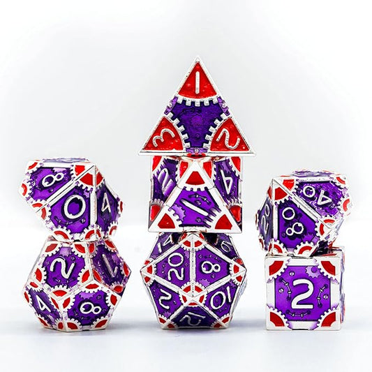 UDIXI Steampunk Style Metal Dice Set 7 Die Polyhedral DND Dice Set D&D Dice for Dungeons and Dragons Role Playing Game and Math Teaching (Silver-Purple Red)