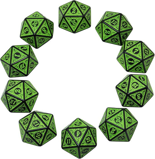 SmartDealsPro 10-Pack Retro 26mm Large 20 Sided Dice D20 Polyhedral Dice for DND RPG MTG Table Game(Retro Green)