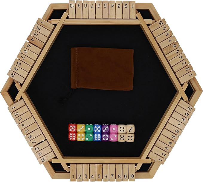 Shut The Box Game 6 Player – Natural Wood, Wooden Board Game, Table Games for Adults, Bar Games, Portable Dice Game for 1-6 Players, Classic