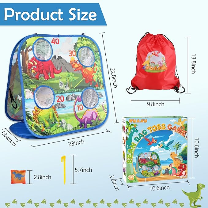 Dinosaur Bean Bag Toss Game for Kids with Carry Bag, 2-in-1 Foldable Toddler Cornhole Board Backyard Beach Lawn Outside Toys, Outdoor Yard Party Activities Toy Gifts for Boys Girls Age 3 4 5 6 7 8