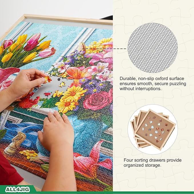 ALL4JIG 2-in-1 Tilting & Rotating Puzzle Board for 1500 Pieces, 34.2" x 25.2"Adjustable Angle Puzzle Board with 4 Drawers & Clear Protective Cover, Birthday Gift for mom
