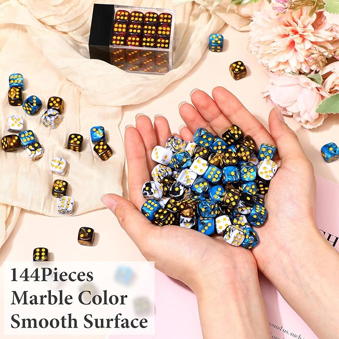 144 Pieces 12mm 6 Sided Mini Dice Set for School Classroom Table Games Marble Two Colors D6 Game Standard Dice with Portable Plastic Box for Bunco or Teaching Math Learning (Classic Color)