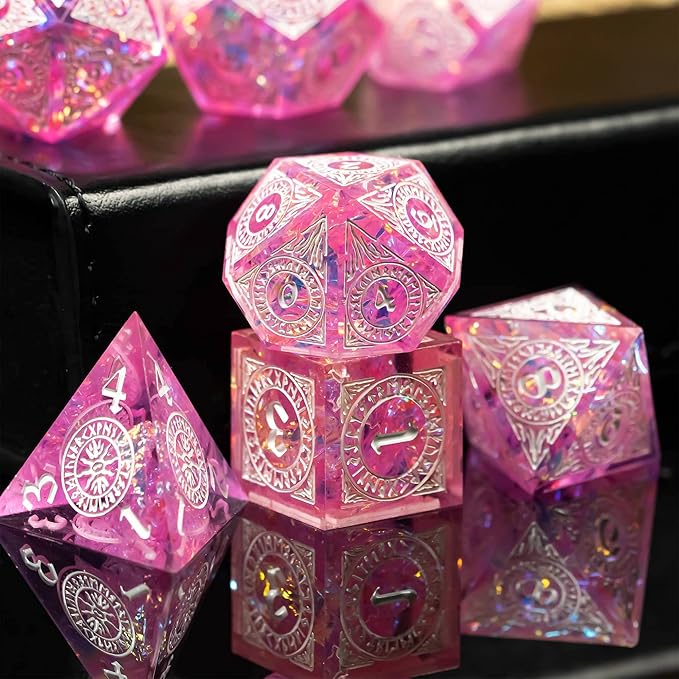 Cusdie 7-Piece Polyhedral DND Dice Set with Sharp Edges, Handcrafted Dice Featuring Rune-Inspired Designs for Role Playing Games Pathfinder (Pink)