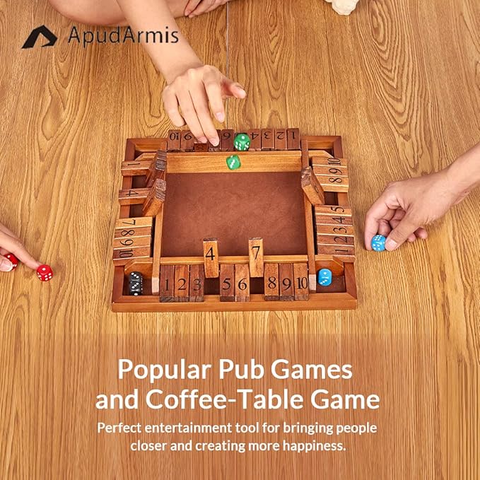 ApudArmis 4-Way Shut The Box, Large Wooden Board Game Set with Dice, 4 Ways Play Shut-The-Box for Kids Learning Addtion Adults Classroom Home Party Pub (14 in,Vintage)