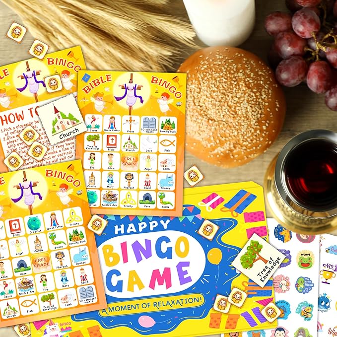 24 Players Bible Bingo Cards, Christian Bingo Game for Kids with Punny Stickers Jesus Religious Christian Game for Church Sunday Family Activities