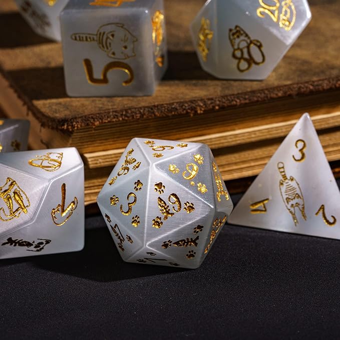 UDIXI Gemstone Dice Set 7PCS Stone DND Dice with Gift Case for Dungeons and Dragons Tabletop Game (Cat's Eye Stone)