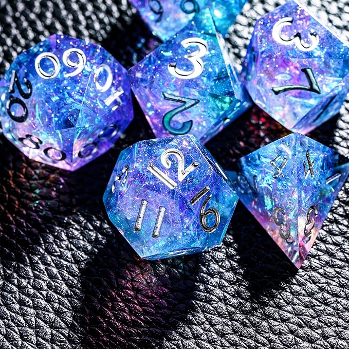 7PCS DND Dice Set,Handmade Sharp Edge Dice Set D&D RPG Polyhedral Die,for Dungeons and Dragons TTRPG Games Roleplaying Games Pathfinder,with Gift Box(Purple and Blue)