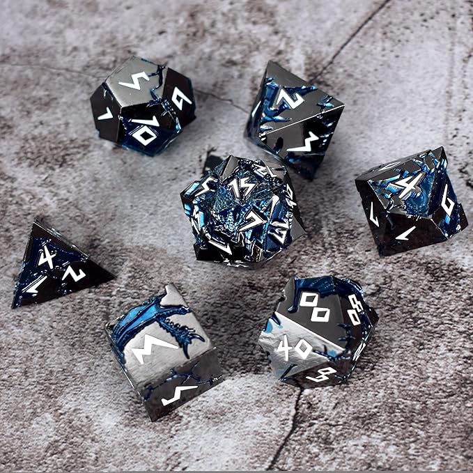Rule Cool Metallic D&D Dice - Unique Polyhedral MTG RPG Gaming Blue Dragon Theme Dice Set In Black White Gift Box
