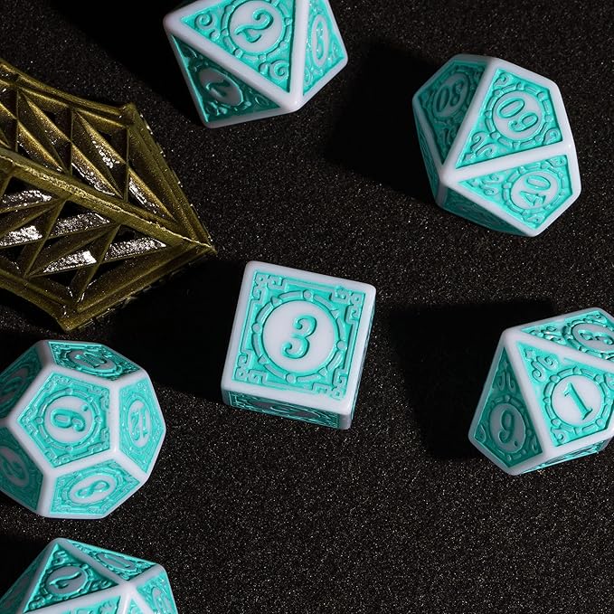7PCs DND Dice Set, Unique Window Lattice Pattern D&D Dice Set with Leather Dice Bag, Polyhedral Dice for Dungeons and Dragons, RPG, Table Games (Cyan/White)