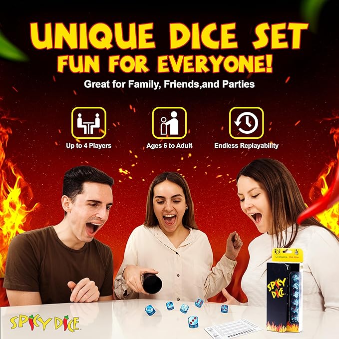 Teal - Like Card and Board Games? Like Farkle, Tenzi, LCR & Yacht? You'll Love Spicy Dice, with red dots for Wild or Double Score. Great for Travel.