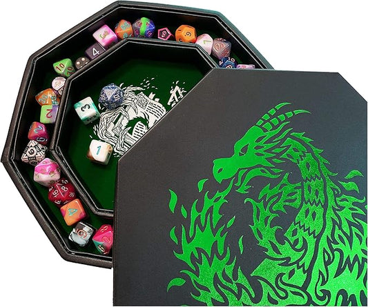 Green Fire Dragon Dice Tray with Wizard Book Print – 9" Octagon with Dice Staging Area, Holds 5 Dice Sets – Ideal for Tabletop RPGs and Board Games