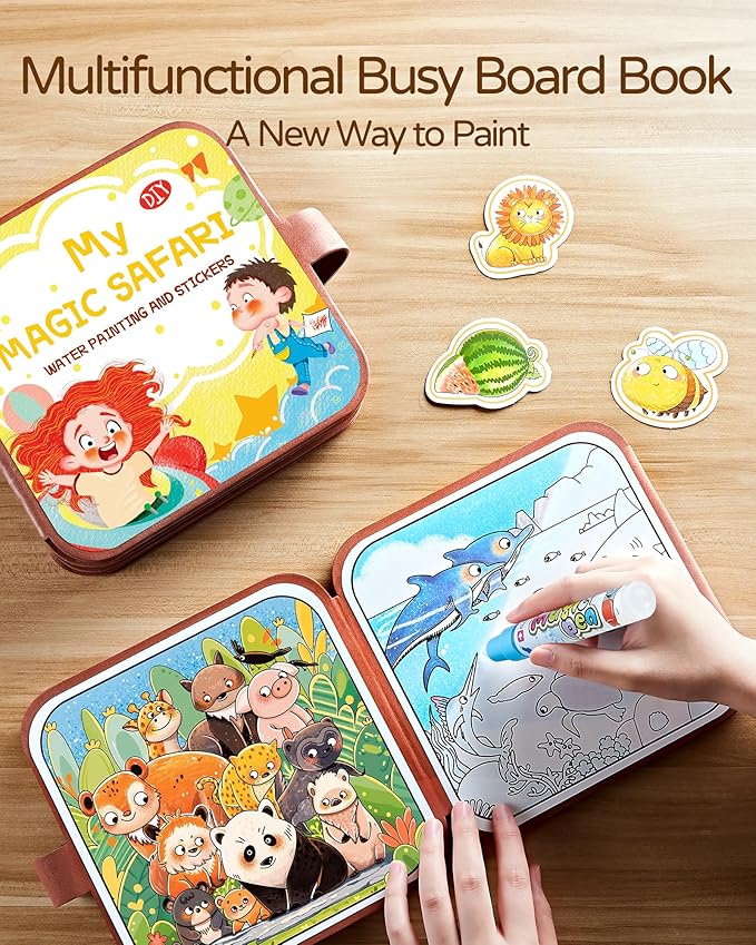 2-in-1 Busy Board Montessori Toys for Toddlers, Reusable Water Painting Books, Busy Book Sensory Toys Birthday Gifts Ages 1-4 Year Old, Kids Learning Educational Toy Travel Activities