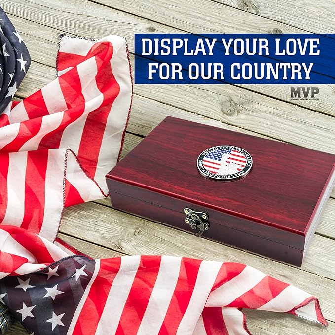 Military Gift Shop American Flag Playing Cards with Dice – Wooden Keepsake Box Adorned with Metal USA Medallion Dedicated to Freedom - Veteran Owned Business