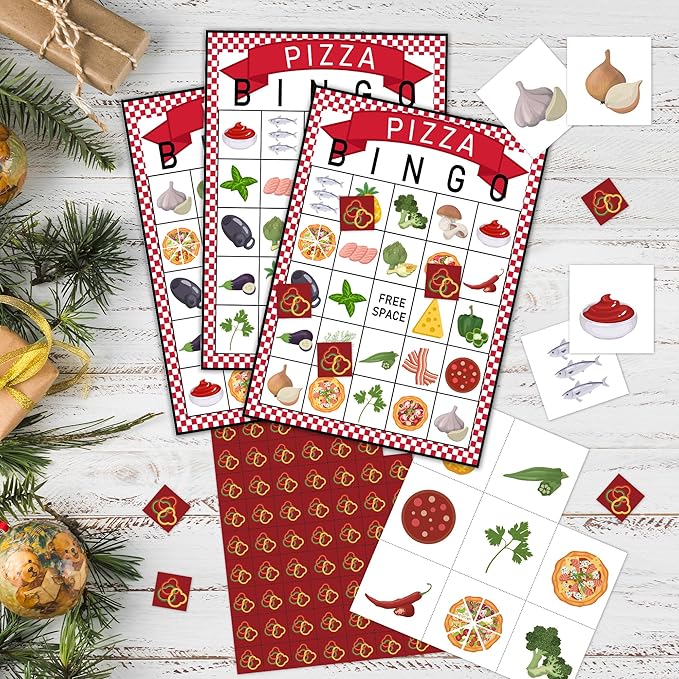 Pizza Bingo Party Games with 24 Players, Pizza Party Time, Birthday Party Games Card, Family Activities Bingo Cards for Women Men Birthday Party Supplies, Party Favors Gifts for Friends - FS178