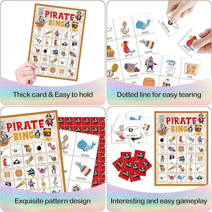 Pirate Party Bingo Card, Pirate Ship Adventures Bingo Game for Adults Family Friends, Pirate Party Favors Decorations, Pirate Games for Birthday Party, Holiday Games for 24 Players -06