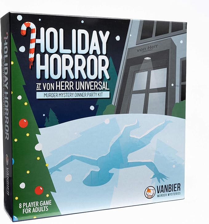 Holiday Horror at von Herr Universal, an Ugly Sweater-Themed Murder Mystery Dinner Party Game for 8 Adult Players