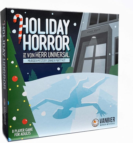 Holiday Horror at von Herr Universal, an Ugly Sweater-Themed Murder Mystery Dinner Party Game for 8 Adult Players