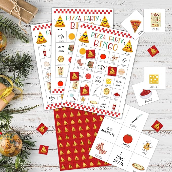 Pizza Bingo Party Games with 24 Players, Pizza Party Time, Birthday Party Games Card, Family Activities Bingo Cards for Women Men Birthday Party Supplies, Party Favors Gifts for Friends - FS179