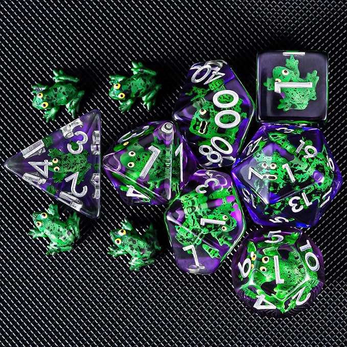Resin D&D Dice Set, Green Frog Animal Polyhedral Dice for Dungeons and Dragons, RPG, MTG DND 7-DIE (D4, D6, D8, D10, D12, D20, D%)