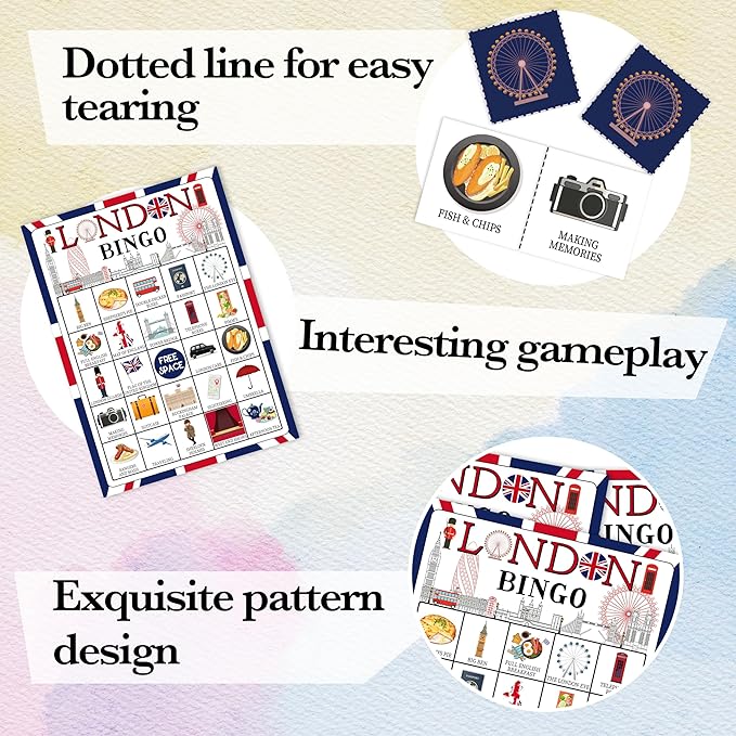 London Bingo Games, Travel Trip Bingo Cards, England Theme Party Game for Adults Family, Christmas Party Activities, 24 Bingo Sets, A003