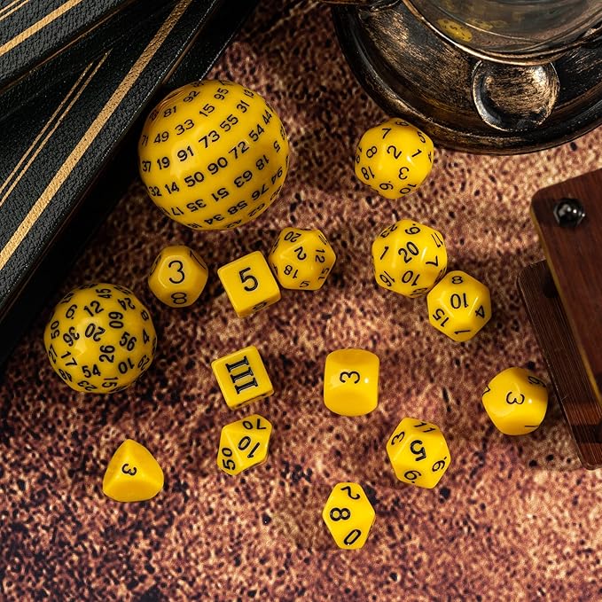 15 Pieces Complete Polyhedral DND Dice Set D3-D100 Spherical D&D Dice Set with Dragon Eye Dice Bag, D100 Dice for Dungeons and Dragons, RPG, MTG Table Games(Yellow w/Black Numbers)