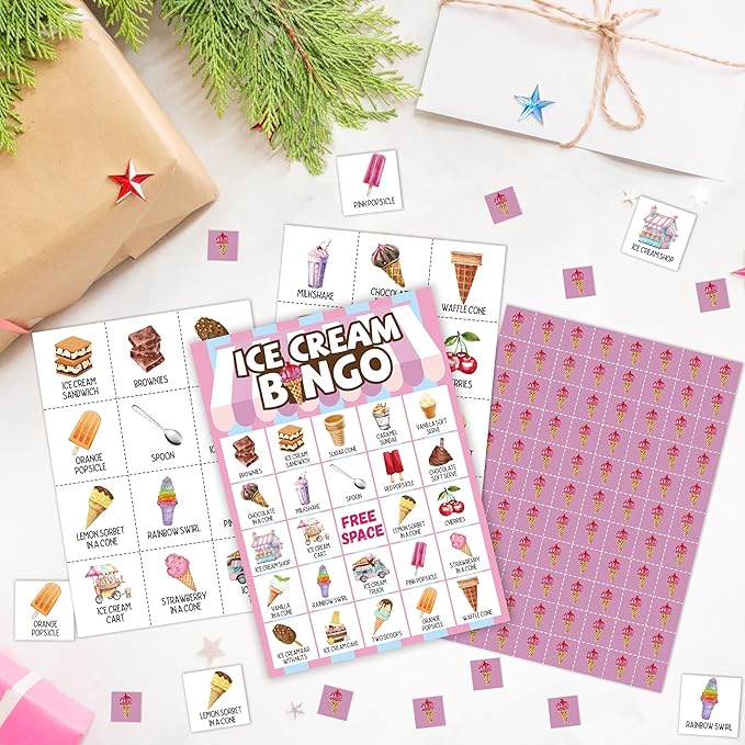 Ice Cream Bingo Card, Sweet Treats Bingo Game for Adults Family Friends, Summer Party Favors Decorations, Ice Cream Game for Birthday Party, Holiday Games for 24 Players -18