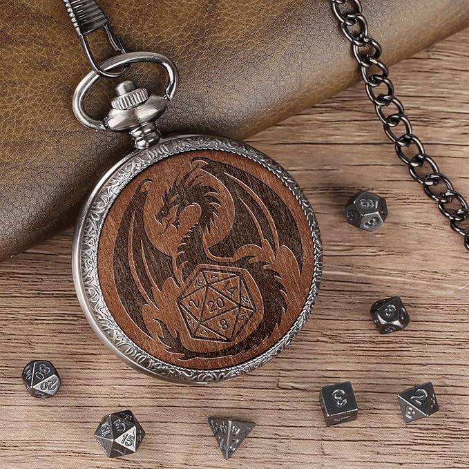 Mini DND Dice Set Wooden Dragon Engraved Pocket Watch Shell Case, 7pcs Polyhedral Metal D&D Dice Set, DND Gifts with Gift Box, Role Playing Board Games Accessories, Silver
