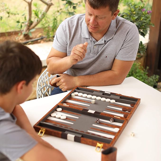 Backgammon Set - 15 Inch Classic Backgammon Board Game Sets Handheld - Backgammon Sets for Adults and Kids - Brown Faux Leather Case - Instruction