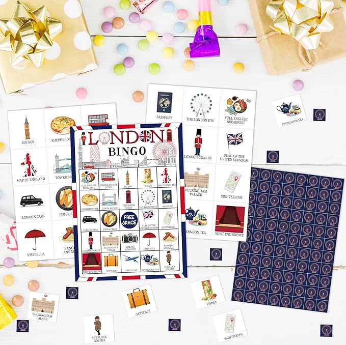 London Bingo Games, Travel Trip Bingo Cards, England Theme Party Game for Adults Family, Christmas Party Activities, 24 Bingo Sets, A003