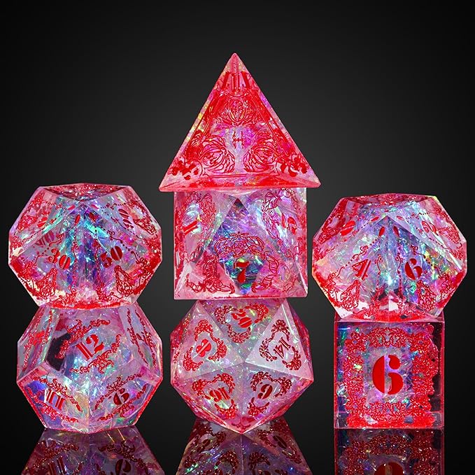 Cusdie DND Dice Set Handmade 7PCs Sharp Edge Dice, D&D Dice Set Unique with Patterns and Glitter Foil Inclusions Polyhedral Dice Set for Dungeons and Dragons RPG Table Games(Flower&Skull-R)