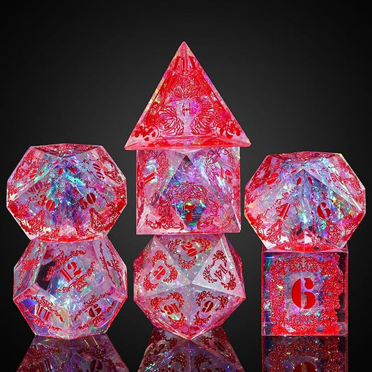 Cusdie DND Dice Set Handmade 7PCs Sharp Edge Dice, D&D Dice Set Unique with Patterns and Glitter Foil Inclusions Polyhedral Dice Set for Dungeons and Dragons RPG Table Games(Flower&Skull-R)