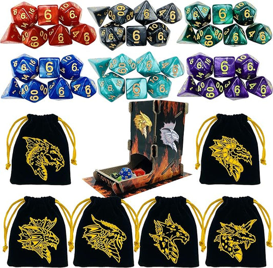 6 Sets DND Dice Polyhedral Dungeons and Dragons DND RPG MTG Table Game Dice Bulk with Free Six Drawstring Bags and D&D Dice Tower Black