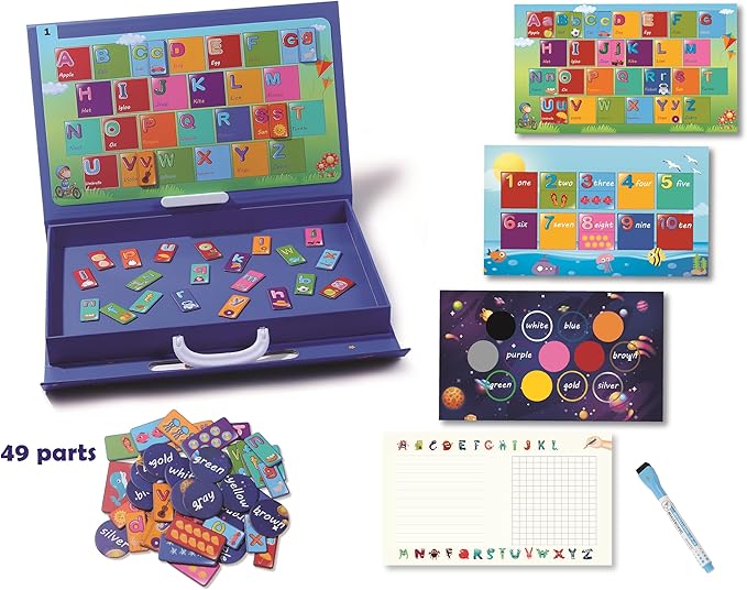 Educational Game for Learning ABC Letters, Numbers & Colors - Magnetic Matching Boards & Erasable Writing Board for Ages 4+