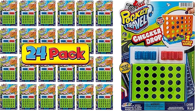 JA-RU Pocket Travel Mini Four in a Row Game (24 Units) Pocket Size Travel Games & Family Board Games. Outdoor & Indoor Recess Toys. Classic Checkers Drop Party Favors. 3253-24s