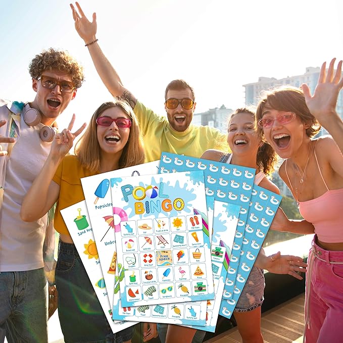 Pool Party Bingo Card Game, Summer Bingo Game for Adults, Pool Party Supplies, Favors, Beach Party Decorations, Pool Birthday Games – 24 Players Bingo Game, C12