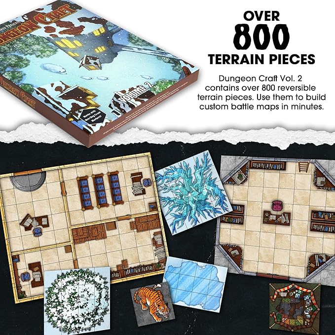 DUNGEON CRAFT Volume 2 Game, Hundreds of Terrain Pieces, Cut Place Play, Build Interactive Maps, Double-Sided & Water-Resistant, Portable 1 Inch Grid Overlay, Works with Wet Dry Erasers