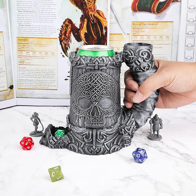 AUSPDICE Hand-Painted Skull Dice Tower – DND Dice Rolling Tower, RPG Dice Storage, Gothic Dice Cup, Pen Holder, Drink Stand – Perfect for Dungeons & Dragons Tabletop Games (RF286B Skull Cup Silver)