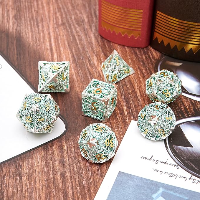 Hollow Metal DND Game Dice Green 7Pcs Set for Dungeons and Dragons RPG MTG Table Games D&D Pathfinder Shadowrun and Math Teaching