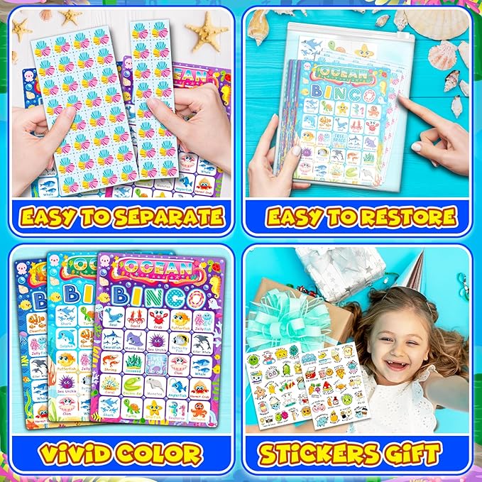 Ocean Bingo Game 24 Players Ocean Animals Bingo Game for Kids Bingo, Under The Sea Party Bingo Games for Family Classroom Activity Ocean Party Supplies
