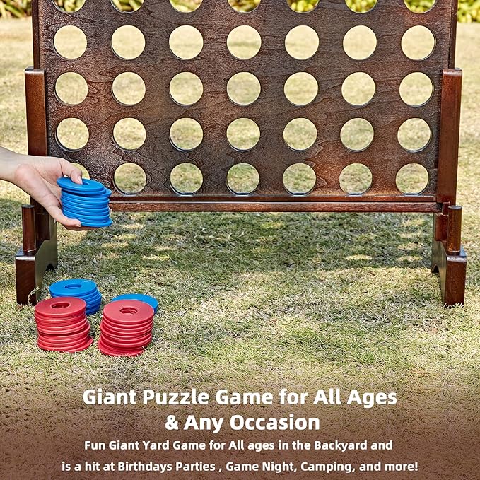 Giant 4 in A Row Game, Wooden Jumbo 4-to-Score Set for Indoor & Outdoor Family Fun-Line Up Four Travel Board Games with 42 Coins & Ring Holders & Carrying Bag