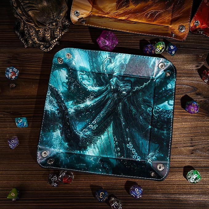 DND Dice Rolling Tray PU Leather Dice Trays Folding Square Dice Storage Case for RPG Tabletop Games, Jewelry Valet Tray for Women and Men