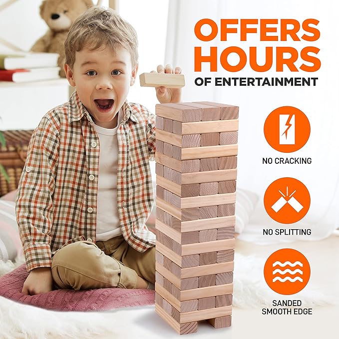SereneLife 56 PCS Giant Tumble Tower for Indoor and Outdoor Games - Non-Toxic Stackable Timber Blocks Set Fit to Kids and Adults - Zippered Carrying Bag, Book Scoreboard and Offers Hours of Enjoyment