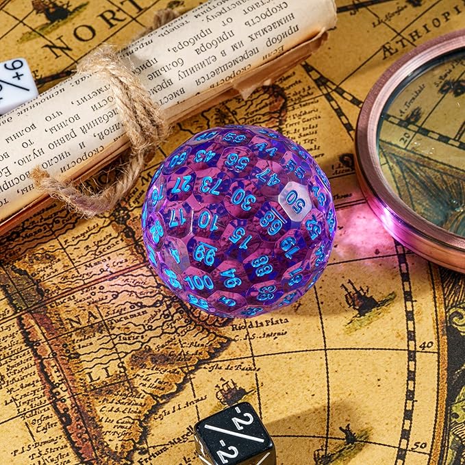 Upgraded D100 Die - 100 Sided Polyhedral Dice 50mm for D&D Games - Single Cube With Metal Storage Tin (T Purple/Blue Font)