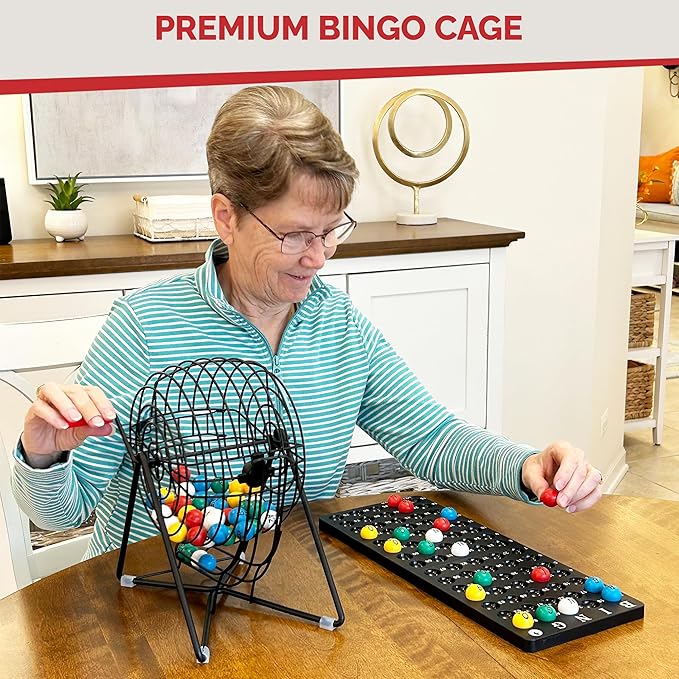 MR CHIPS 11" (Inch) Tall Professional Bingo Set with Steel Cage, Everlasting 7/8” Balls, Master Board for Balls - Mysterious Black Color