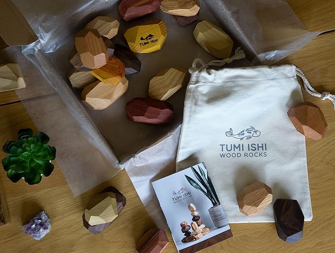 22 Piece Natural Wooden Balancing Block Set - Sensory Educational Natural Wood Toy Stacking Game - Mixed Wood Species - USA Made - Jojoba Oil and Beeswax Finish - Wood Stone Building Blocks