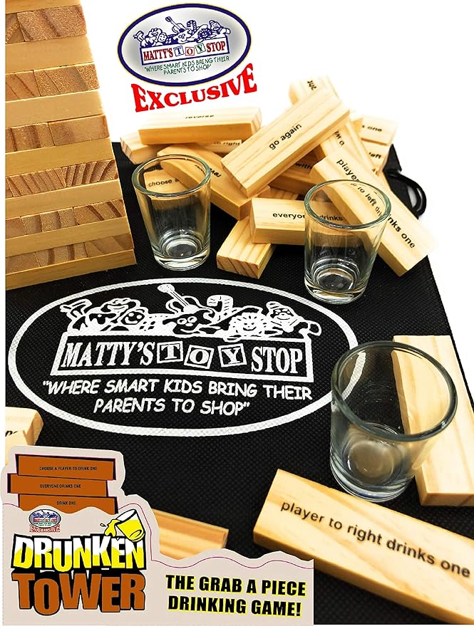 Homeware Deluxe Drunken' Tower The Grab A Piece Adult Party Game with Exclusive Matty's Toy Stop Storage Bag - Adult Party Game