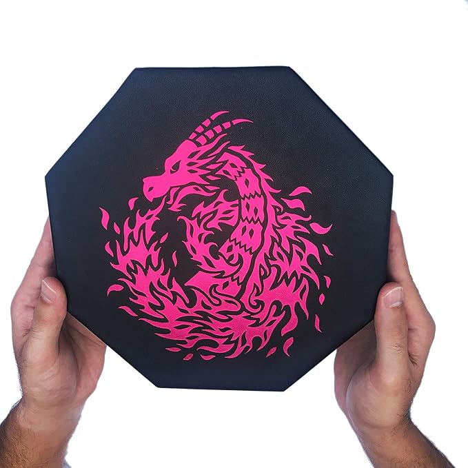 Pink Fire Dragon Dice Tray with Wizard Book Print – 9" Octagon with Dice Staging Area, Holds 5 Dice Sets – Perfect for D&D, Call of Cthulhu, Shadowrun, and All Tabletop RPGs